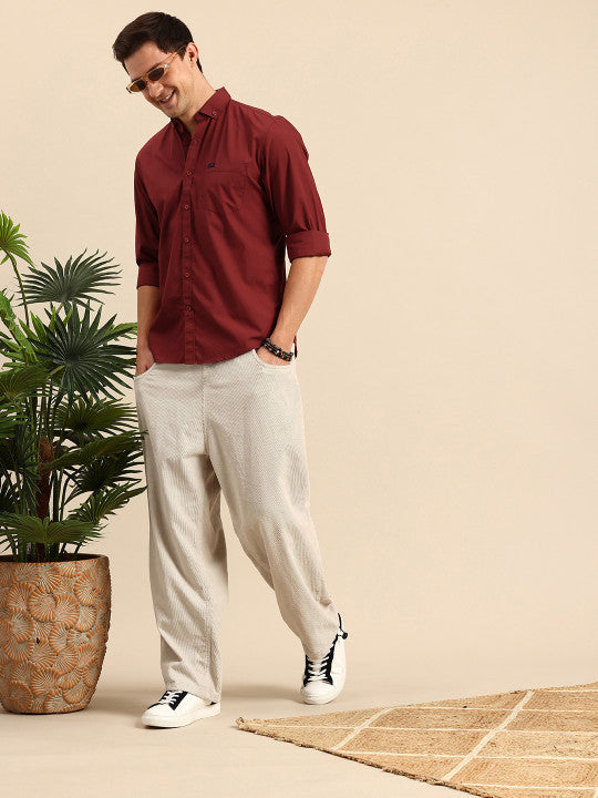 Aman Garments Men’s Maroon Regular Fit 100% Cotton Casual Shirt – Button-Down Collar, Long Sleeves