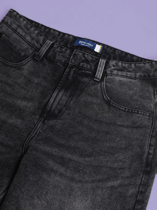 Men’s Medium Shade Heavy Fade Black Wide-Leg Cropped Jeans – 100% Cotton, Mid-Rise, 5-Pocket