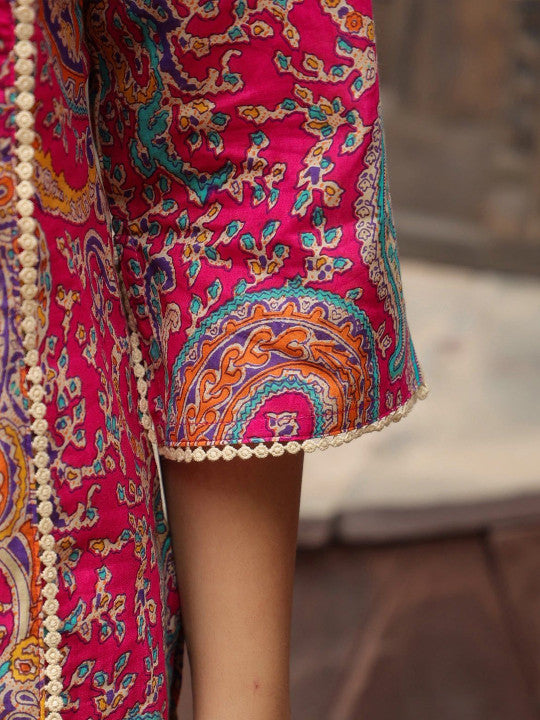 Pink, White & Green Paisley Printed A-Line Kurta – Viscose Rayon, Knee-Length, 3/4 Flared Sleeve, Women’s Ethnic Wear