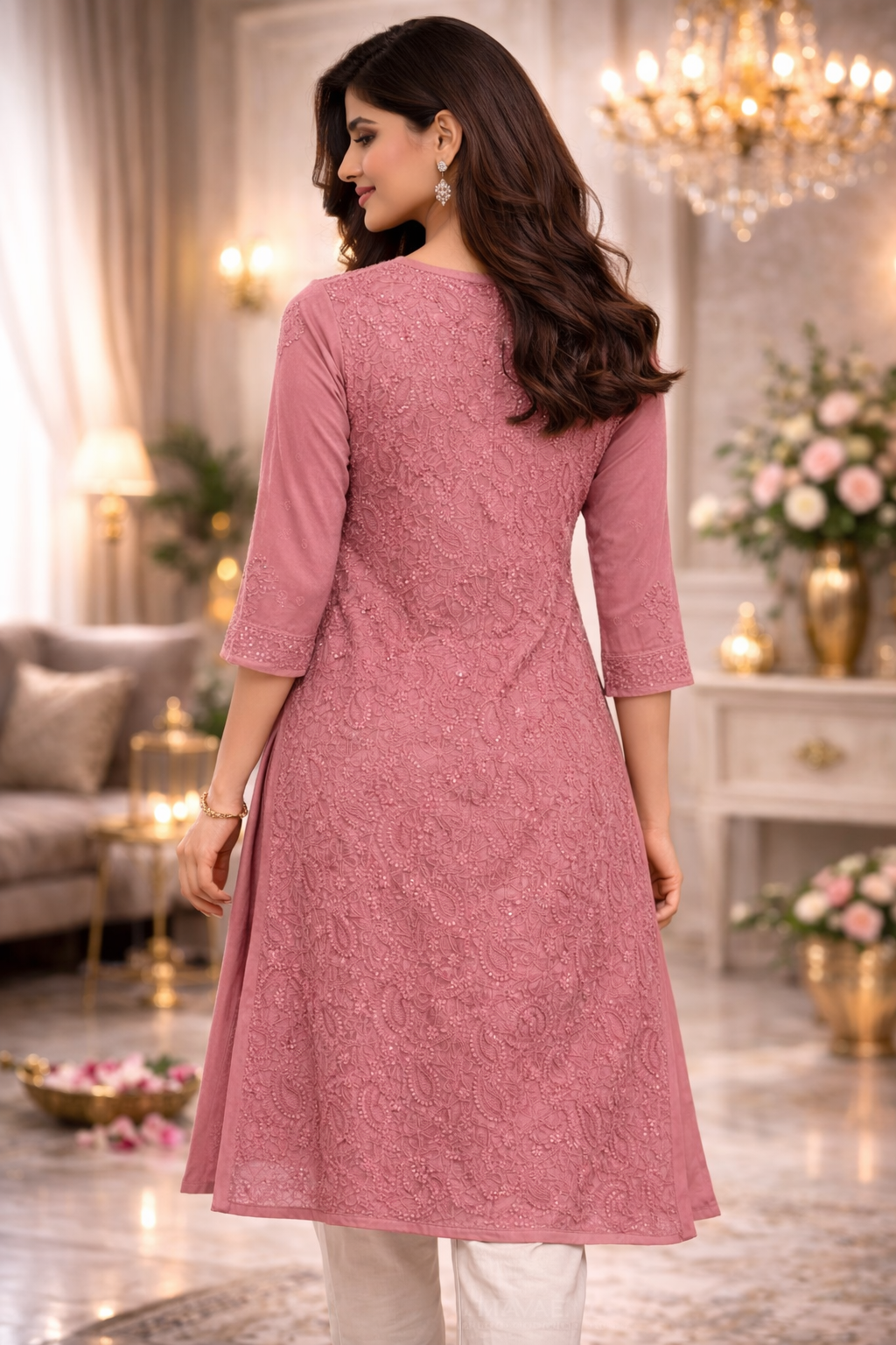 Dusty Rose Chikankari Embroidered Kurti for Women