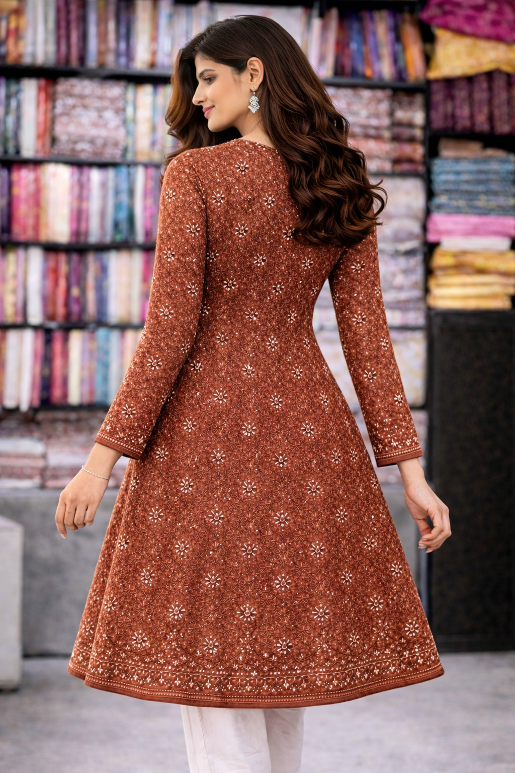 Rust Brown Embroidered A-Line Kurti for Women