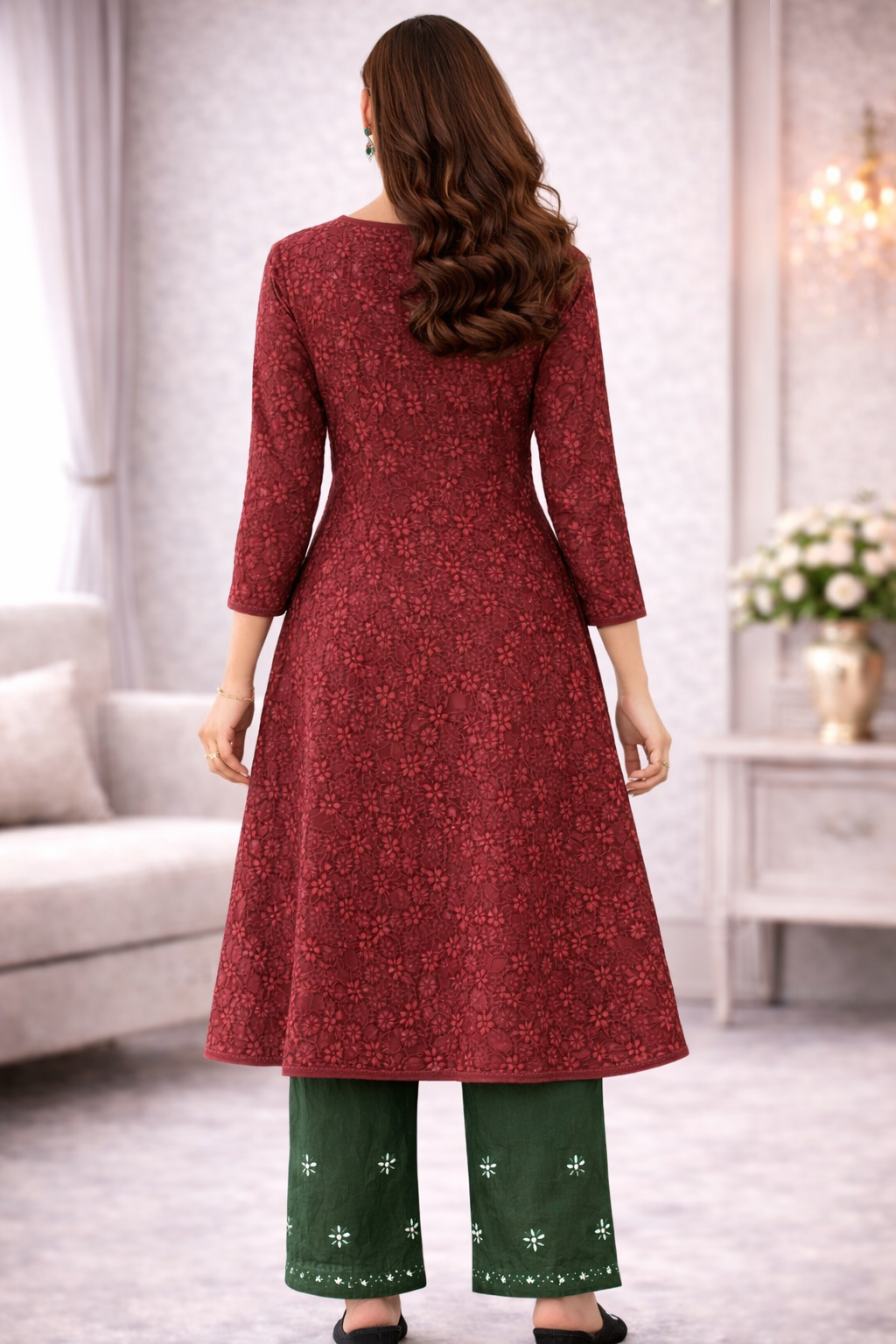 Maroon Floral Embroidered A-Line Kurti with Green Palazzo Set for Women