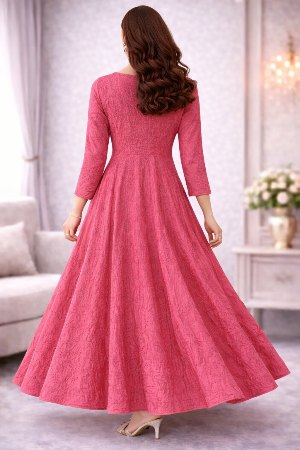 Rose Pink Embroidered Anarkali Gown for Women