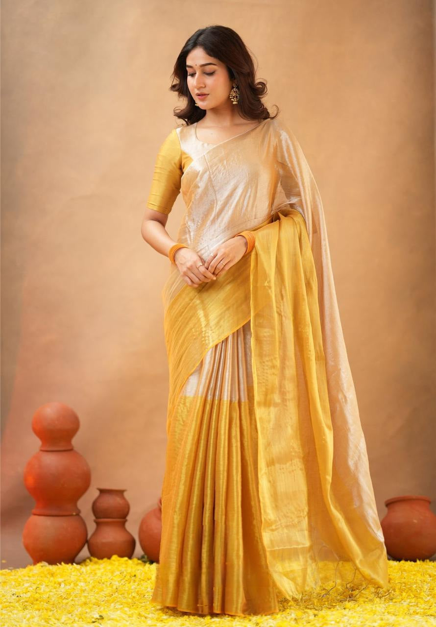 Swarna Kiran Yellow Tissue Cotton Handloom Saree