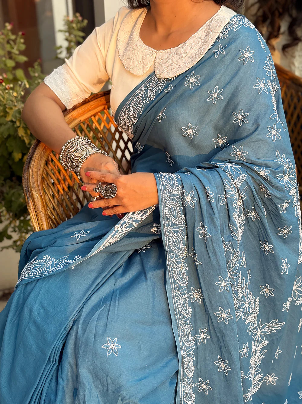 Aadhira Neel-Aab Mulmul Chikankari Saree – Sky Blue