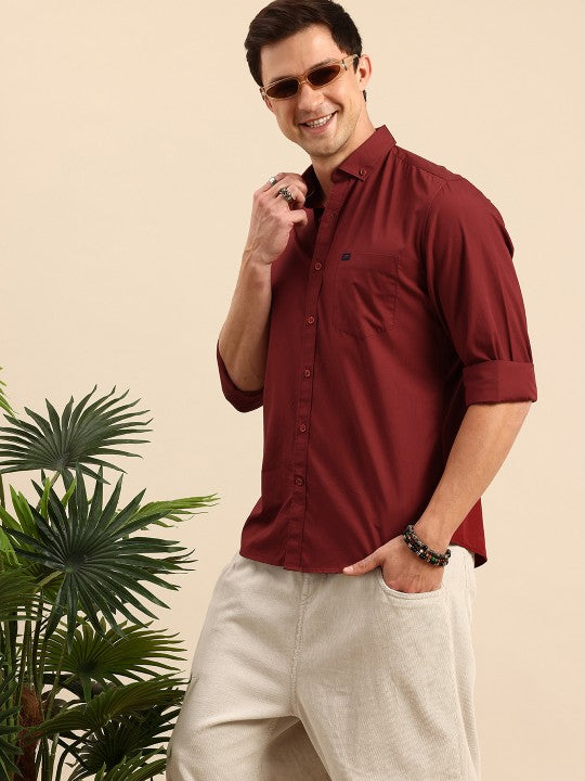Aman Garments Men’s Maroon Regular Fit 100% Cotton Casual Shirt – Button-Down Collar, Long Sleeves