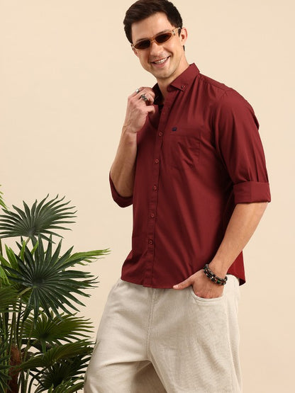 Aman Garments Men’s Maroon Regular Fit 100% Cotton Casual Shirt – Button-Down Collar, Long Sleeves