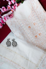 Off White Unstitched Lucknowi Chikankari 2-Piece Kurta Dupatta Set | Mal Chanderi | Chana Patti & Ghas Patti Embroidery | Bail & Buti Sleeves
