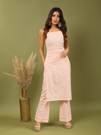 Aabroo Peach Chikankari Sleeveless Kurta Set