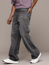 Roadster Men’s Light Shade Heavy Fade Wide Leg Black Jeans – 100% Cotton, Mid-Rise, Regular Length