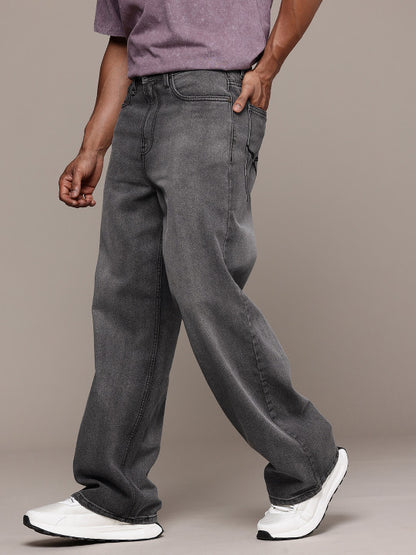 Roadster Men’s Light Shade Heavy Fade Wide Leg Black Jeans – 100% Cotton, Mid-Rise, Regular Length