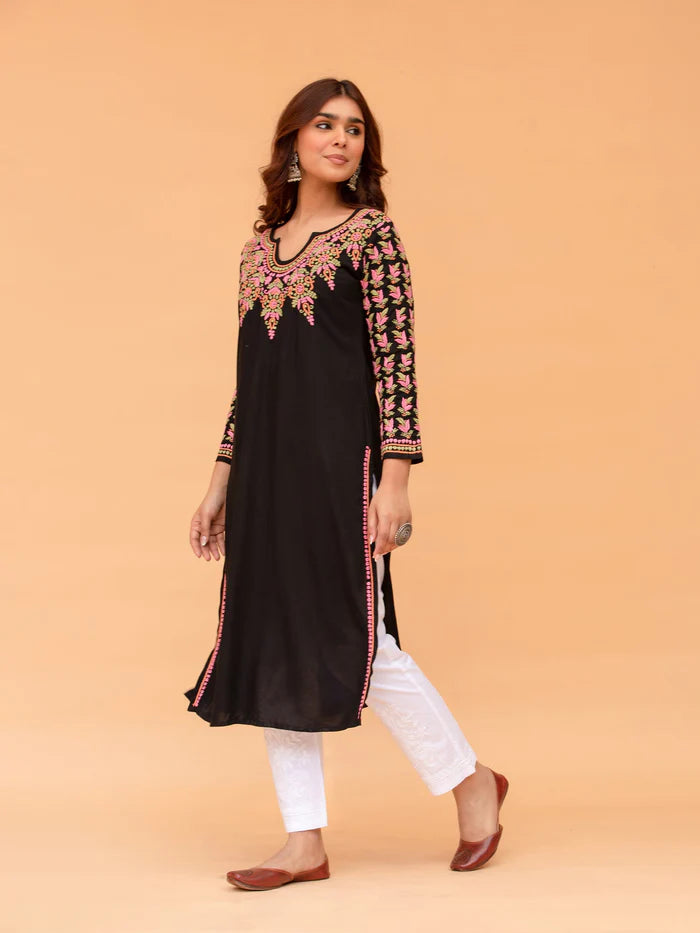 Saba Black Rayon Cotton Chikankari Long Kurti