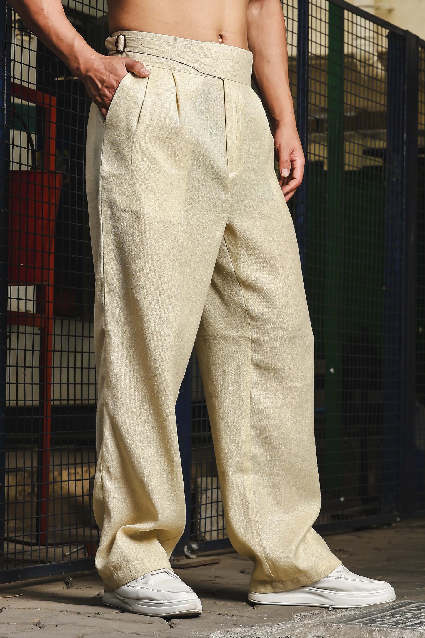 S2F Beige Solid Linen Blend Gurkha Trousers with Double Pleated Front