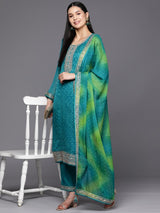 Turquoise Blue Bandhani Printed Kurta with Trousers & Dupatta – Poly Chiffon, Straight Fit, 3/4 Sleeve, Women’s Ethnic Set