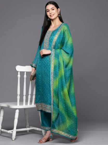 Turquoise Blue Bandhani Printed Kurta with Trousers & Dupatta – Poly Chiffon, Straight Fit, 3/4 Sleeve, Women’s Ethnic Set