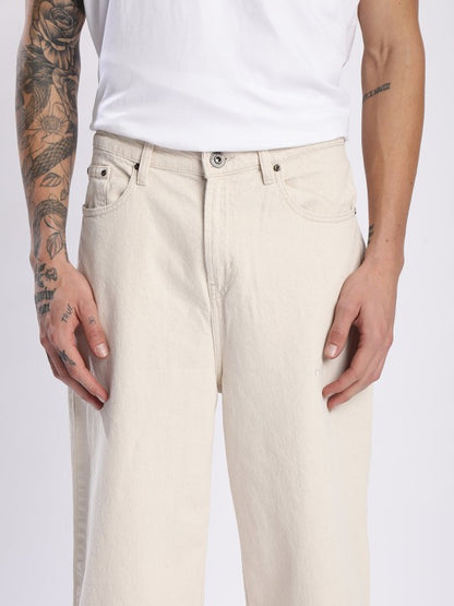 Men’s Beige Baggy Fit Mid-Rise 100% Cotton Jeans – 5-Pocket, Regular Length