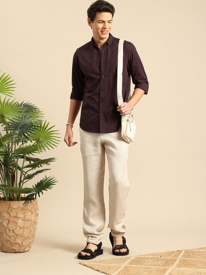 Aman Garments Men’s Coffee Brown Regular Fit 100% Cotton Casual Shirt – Spread Collar, Long Sleeves