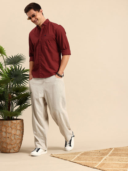 Aman Garments Men’s Maroon Regular Fit 100% Cotton Casual Shirt – Button-Down Collar, Long Sleeves