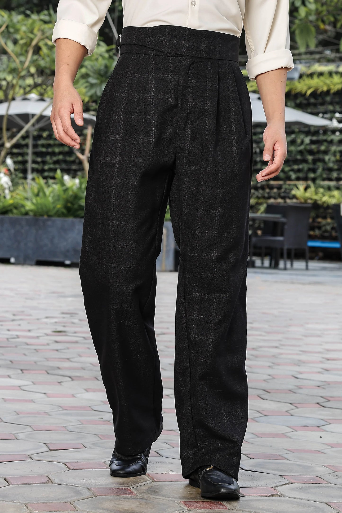 S2F Black Premium Tweed Blend Gurkha Trousers with Double Pleated Front