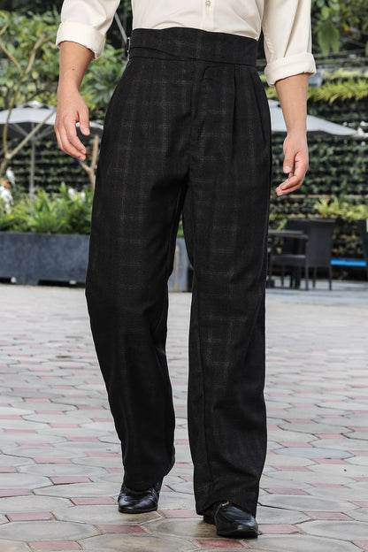 S2F Black Premium Tweed Blend Gurkha Trousers with Double Pleated Front