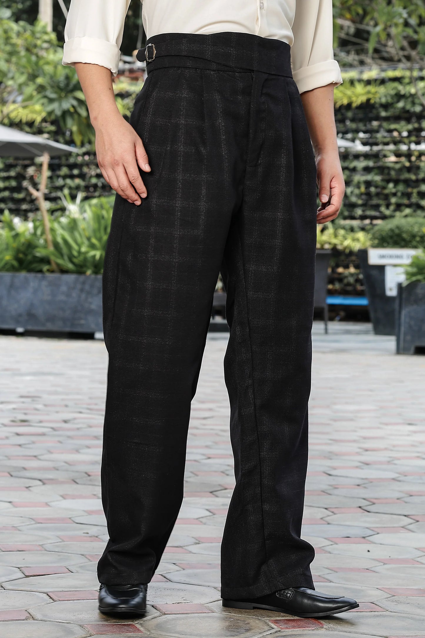 S2F Black Premium Tweed Blend Gurkha Trousers with Double Pleated Front