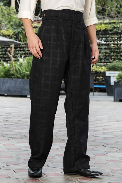 S2F Black Premium Tweed Blend Gurkha Trousers with Double Pleated Front