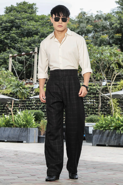 S2F Black Premium Tweed Blend Gurkha Trousers with Double Pleated Front