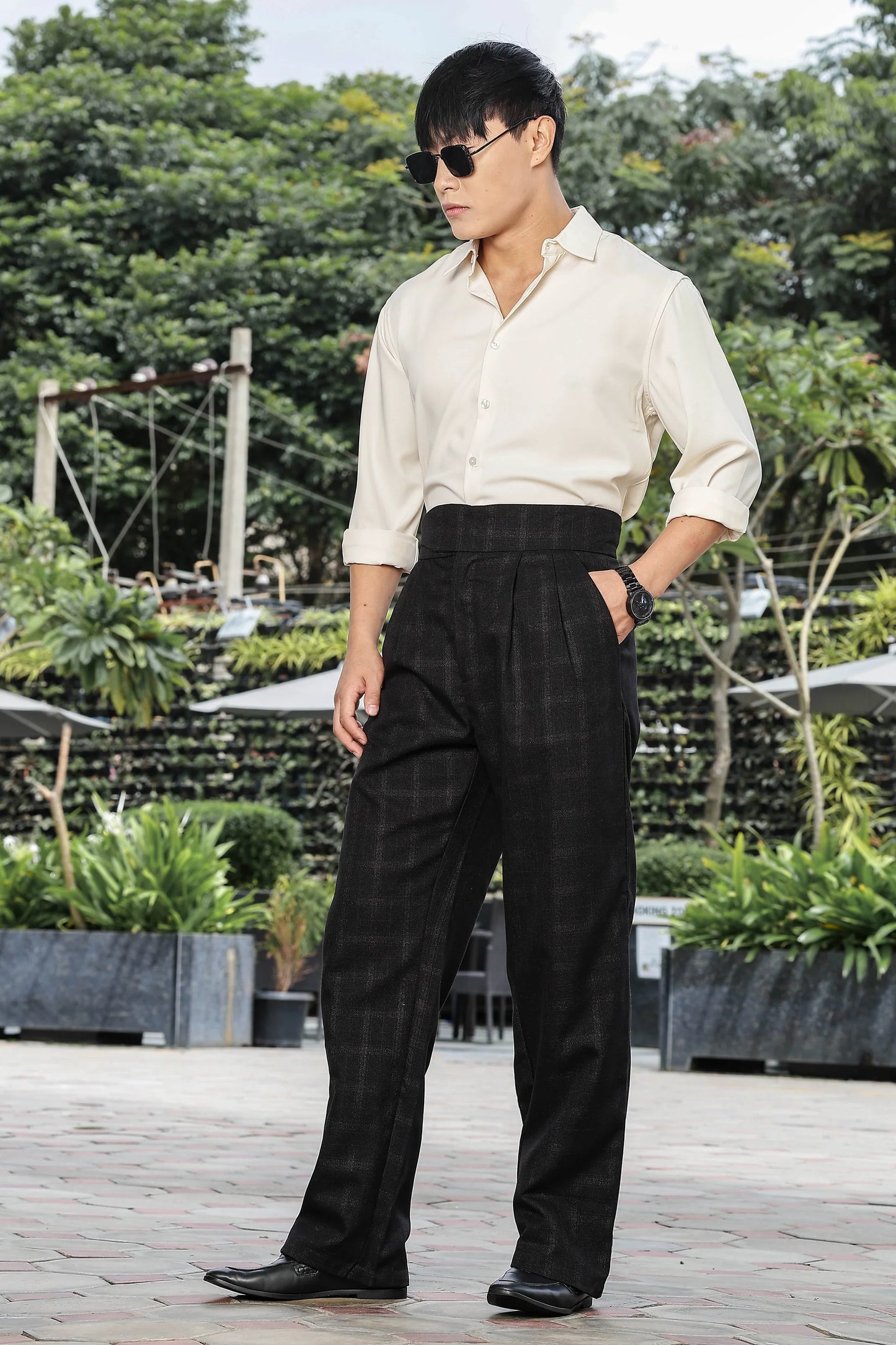 S2F Black Premium Tweed Blend Gurkha Trousers with Double Pleated Front