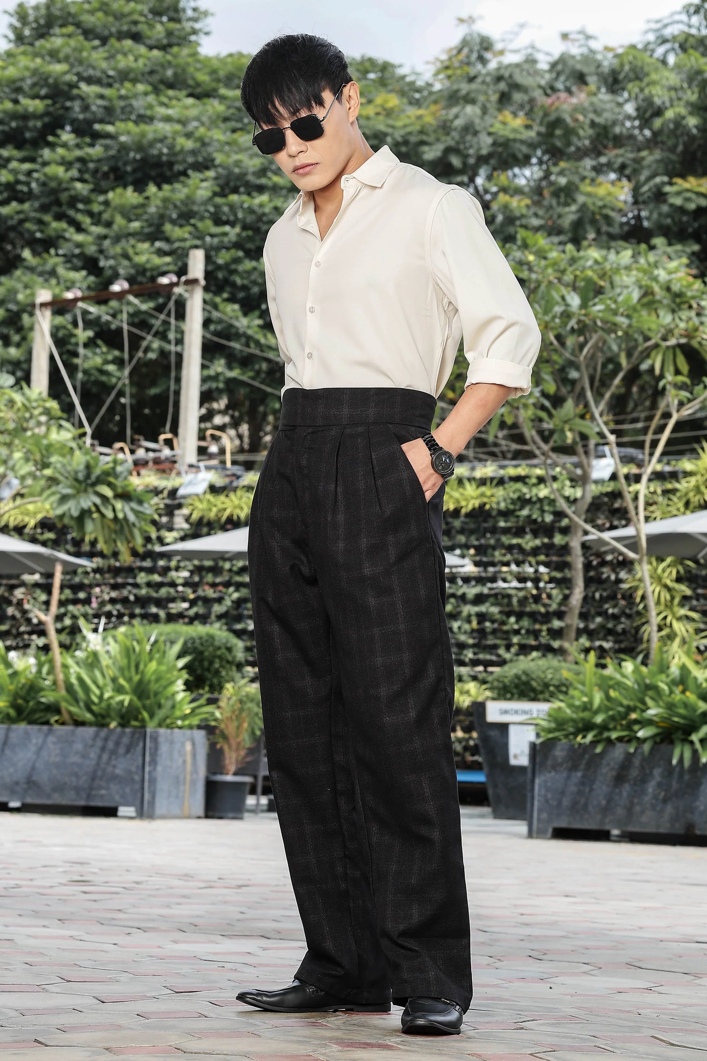 S2F Black Premium Tweed Blend Gurkha Trousers with Double Pleated Front