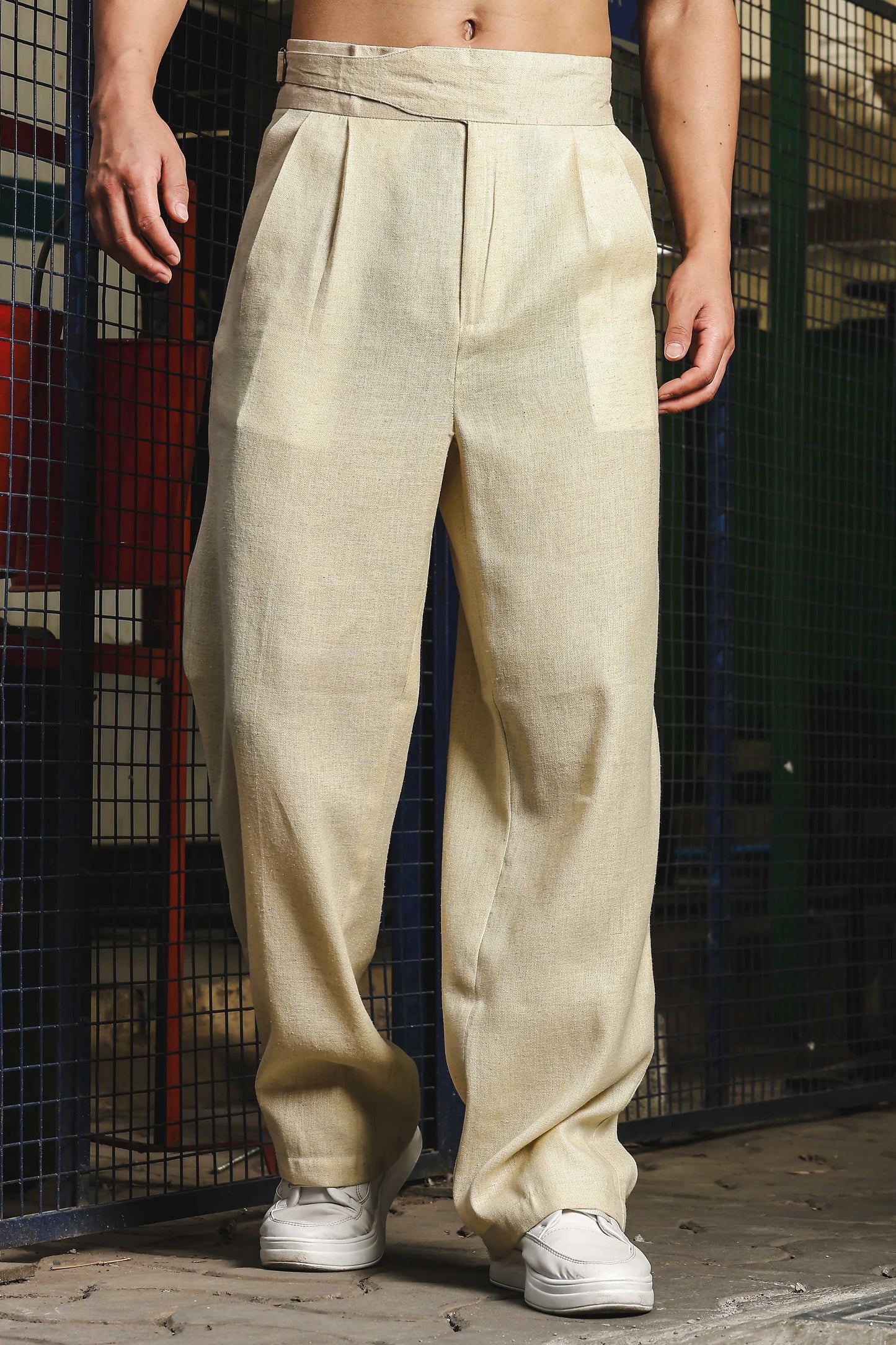 S2F Beige Solid Linen Blend Gurkha Trousers with Double Pleated Front