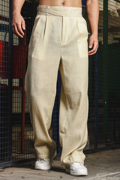 S2F Beige Solid Linen Blend Gurkha Trousers with Double Pleated Front