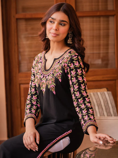 Saba Black Rayon Cotton Chikankari Long Kurti