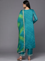 Turquoise Blue Bandhani Printed Kurta with Trousers & Dupatta – Poly Chiffon, Straight Fit, 3/4 Sleeve, Women’s Ethnic Set