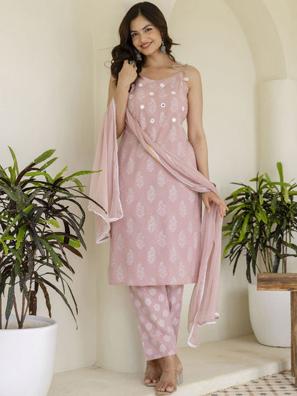 Pink & White Floral Printed Kurta with Pyjama & Dupatta – Cotton, Straight Fit, Sleeveless, Women’s Ethnic Set