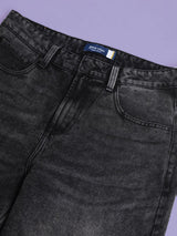 Men’s Medium Shade Heavy Fade Black Wide-Leg Cropped Jeans – 100% Cotton, Mid-Rise, 5-Pocket
