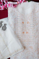 Off White Unstitched Lucknowi Chikankari 2-Piece Kurta Dupatta Set | Mal Chanderi | Chana Patti & Ghas Patti Embroidery | Bail & Buti Sleeves