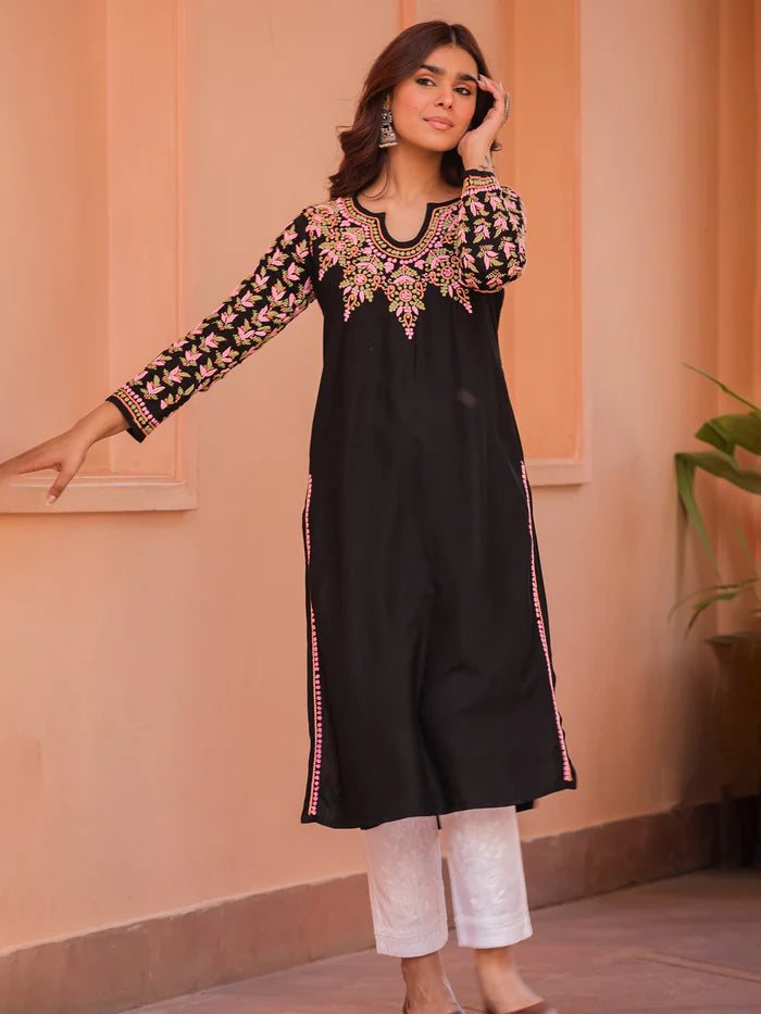 Saba Black Rayon Cotton Chikankari Long Kurti