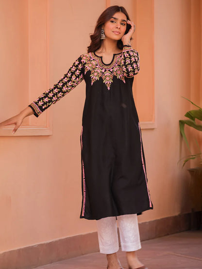 Saba Black Rayon Cotton Chikankari Long Kurti