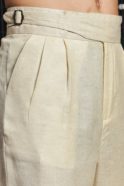 S2F Beige Solid Linen Blend Gurkha Trousers with Double Pleated Front
