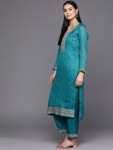 Turquoise Blue Bandhani Printed Kurta with Trousers & Dupatta – Poly Chiffon, Straight Fit, 3/4 Sleeve, Women’s Ethnic Set