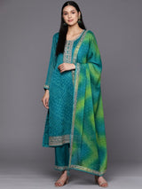 Turquoise Blue Bandhani Printed Kurta with Trousers & Dupatta – Poly Chiffon, Straight Fit, 3/4 Sleeve, Women’s Ethnic Set