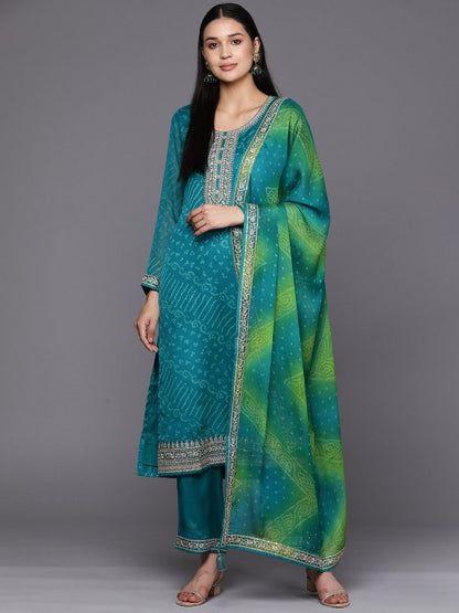 Turquoise Blue Bandhani Printed Kurta with Trousers & Dupatta – Poly Chiffon, Straight Fit, 3/4 Sleeve, Women’s Ethnic Set