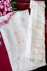 Off White Unstitched Lucknowi Chikankari 2-Piece Kurta Dupatta Set | Mal Chanderi | Chana Patti & Ghas Patti Embroidery | Bail & Buti Sleeves
