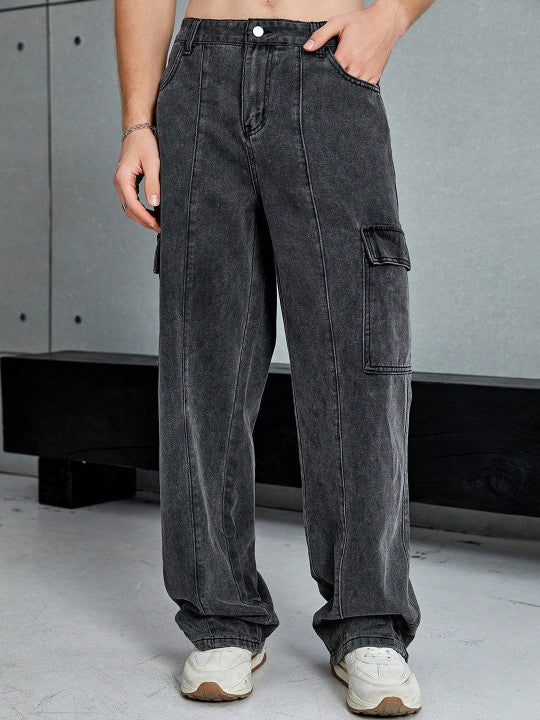 Men’s Dark Black No-Fade Relaxed-Fit Cropped Jeans – Cotton Lycra Blend, Low-Rise, 6-Pocket