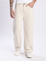 Men’s Beige Baggy Fit Mid-Rise 100% Cotton Jeans – 5-Pocket, Regular Length