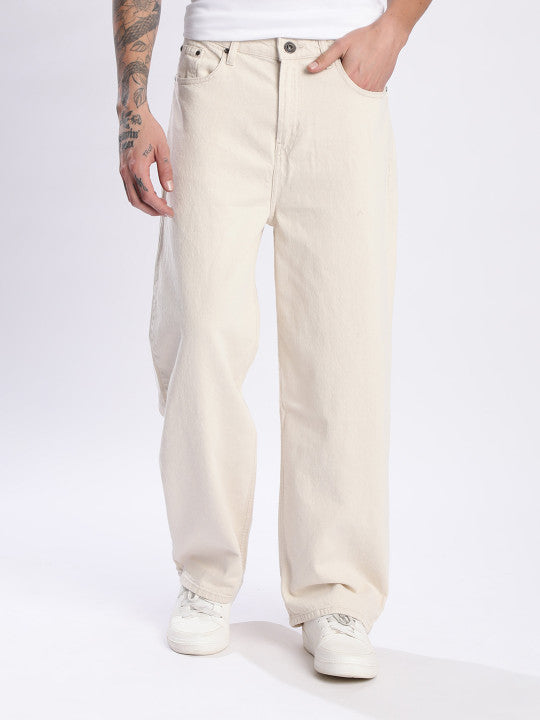 Men’s Beige Baggy Fit Mid-Rise 100% Cotton Jeans – 5-Pocket, Regular Length