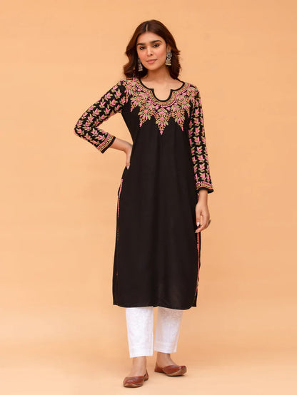 Saba Black Rayon Cotton Chikankari Long Kurti