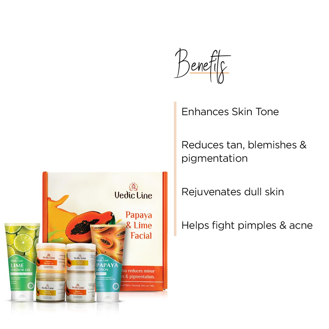 Vedic Line Papaya & Lime Facial Kit Helps To Reduce Tan, Blemishes And Pigmentation With Papaya, Lime, Aloe Vera for Clear Radiant Skin, 640ml