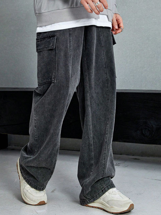 Men’s Dark Black No-Fade Relaxed-Fit Cropped Jeans – Cotton Lycra Blend, Low-Rise, 6-Pocket