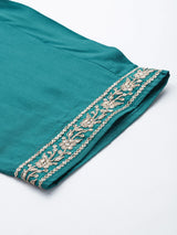 Turquoise Blue Bandhani Printed Kurta with Trousers & Dupatta – Poly Chiffon, Straight Fit, 3/4 Sleeve, Women’s Ethnic Set